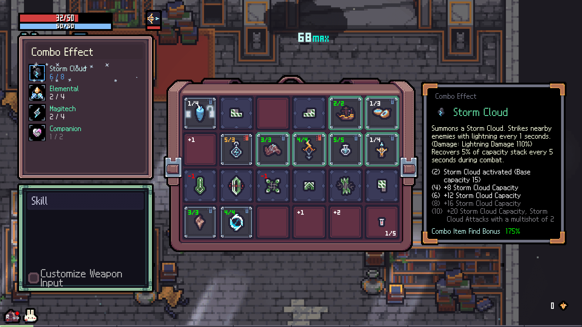 Sephiria inventory showing Artifacts and active Storm Cloud, Elemental, Magitech and Companion Combo counts