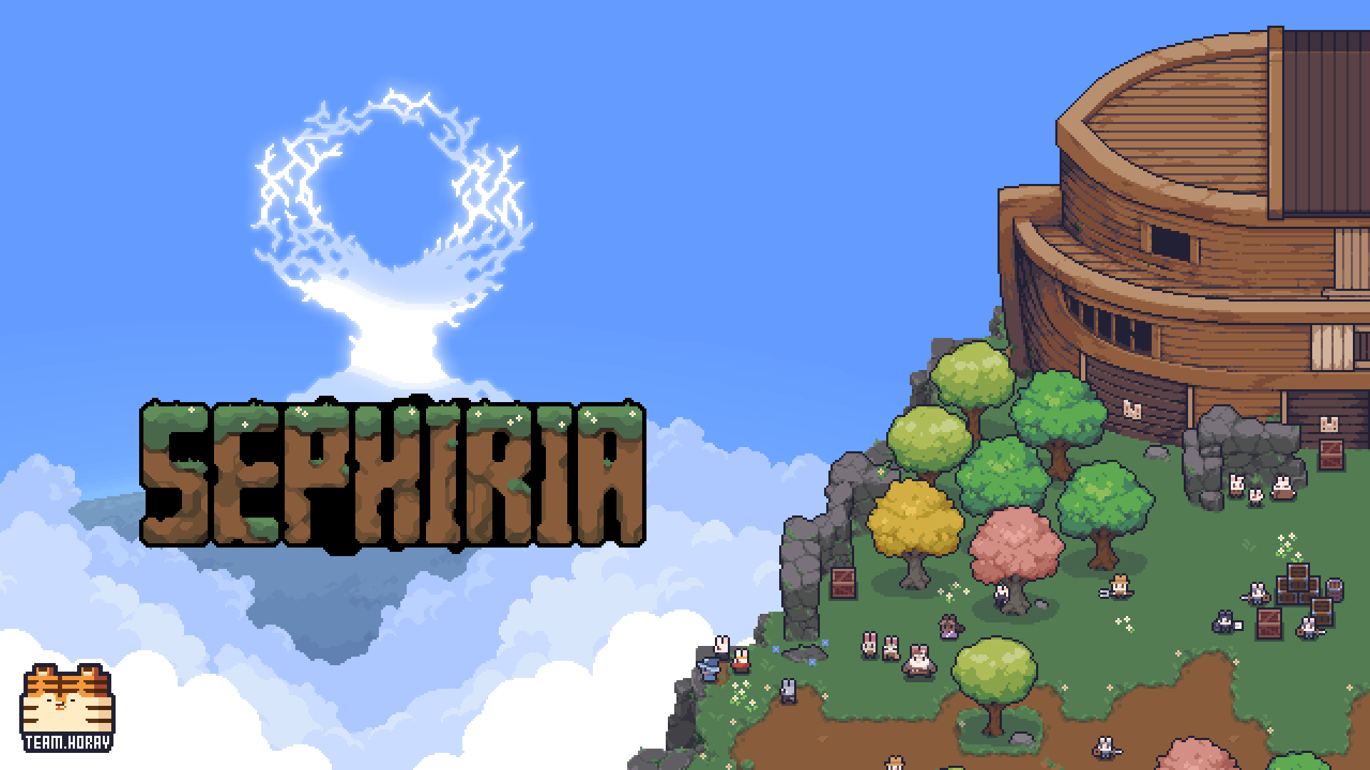 Official Sephiria pixel art showing Bunnyville residents beside the tower